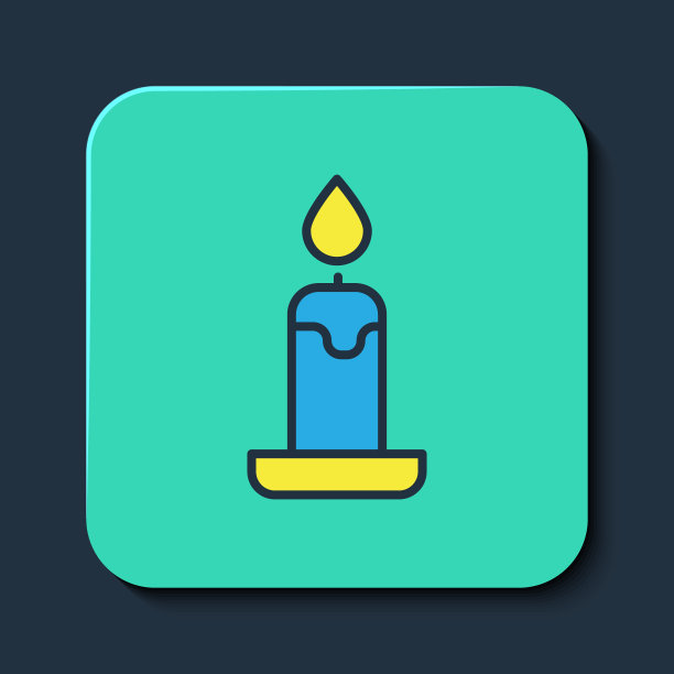 填充轮廓燃烧的蜡烛在烛台图标孤立的蓝色背景。燃烧火焰的圆柱形蜡烛棒。绿松石方形纽扣。向量图片下载