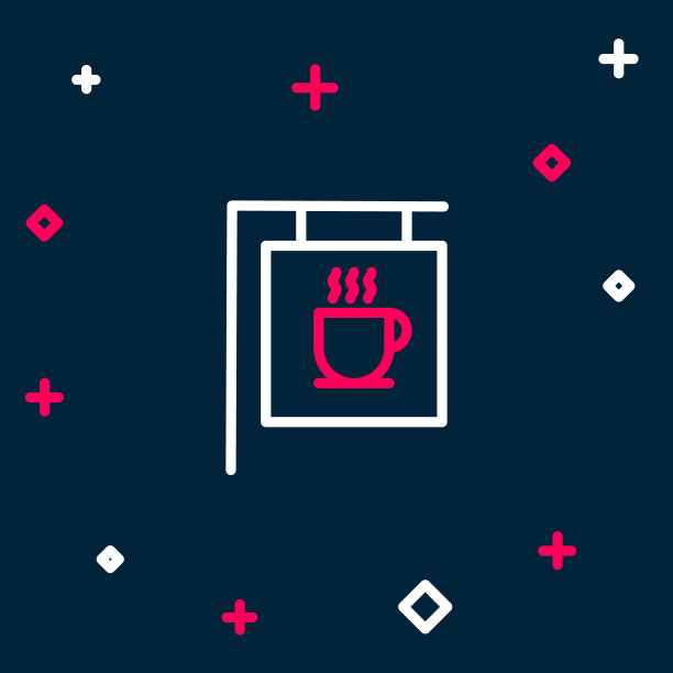 线街招牌咖啡图标孤立的蓝色背景。色彩缤纷的轮廓概念。向量图片下载