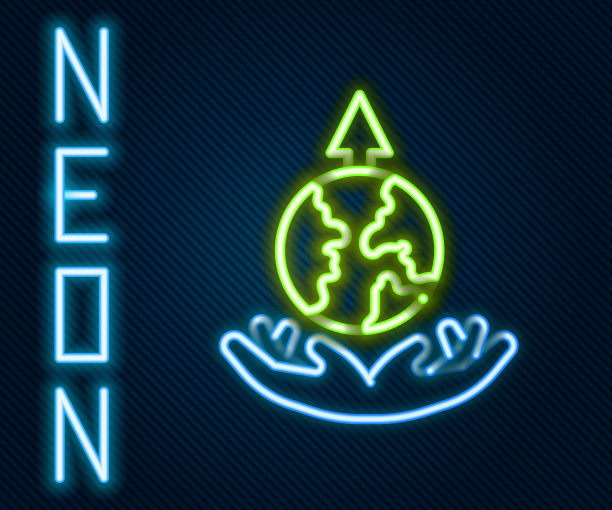 发光的霓虹灯线世界扩展图标孤立的黑色背景。色彩缤纷的轮廓概念。向量图片下载