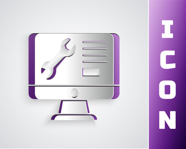 剪纸电脑显示器与扳手图标隔离在灰色背景。调整、保养、设定、保养、修理。纸艺风格。向量图片下载