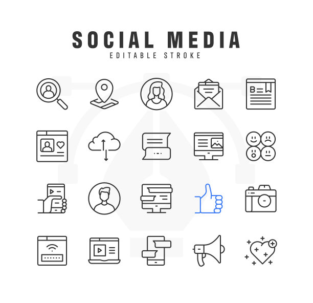 社交媒体线路图标设置。可编辑的中风。像素完美。图片下载