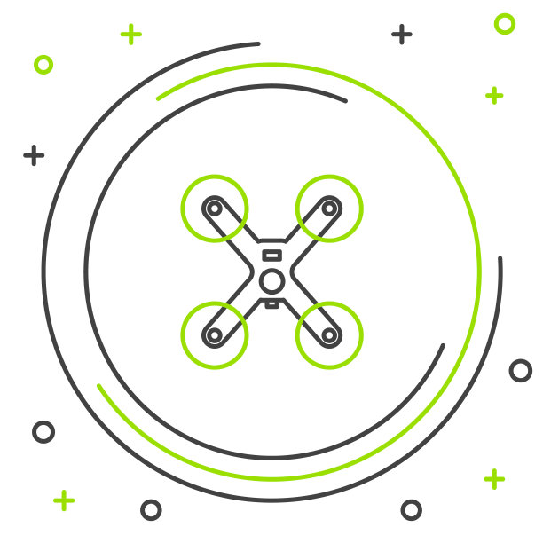 线无人机飞行图标隔离在白色背景。带有视频和照相机符号的四轴飞行器。色彩缤纷的轮廓概念。向量图片下载