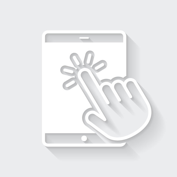 用手触摸平板电脑。图标与空白背景上的长阴影-平面设计图片下载