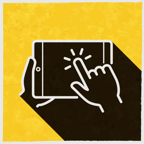 手触屏平板电脑。图标与长阴影的纹理黄色背景图片下载