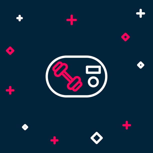 线条健身俱乐部，健身卡图标孤立的蓝色背景。色彩缤纷的轮廓概念。向量图片下载