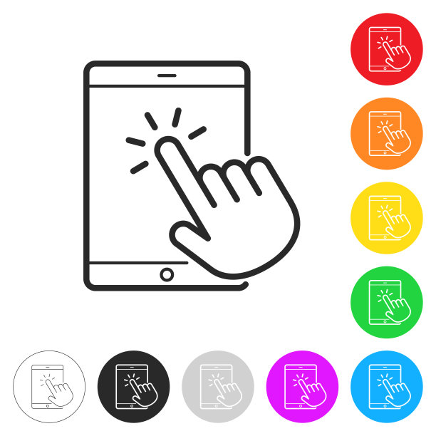 用手触摸平板电脑。彩色按钮上的图标图片下载