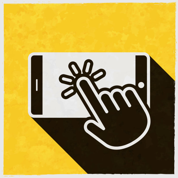 手触屏智能手机。图标与长阴影的纹理黄色背景图片下载