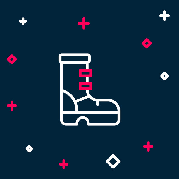 线防水橡胶开机图标隔离在蓝色背景。雨天、钓鱼、园艺时穿的胶靴。色彩缤纷的轮廓概念。向量图片下载