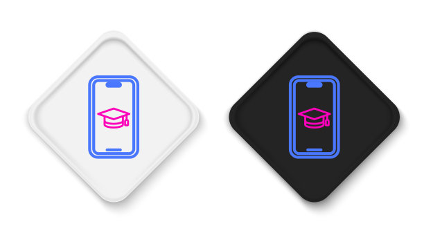 线毕业帽在屏幕上的智能手机图标孤立的白色背景。在线学习或电子学习概念。色彩缤纷的轮廓概念。向量图片下载