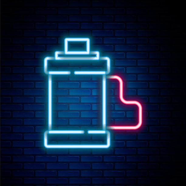 发光的霓虹灯线相机老式胶卷卷墨盒图标孤立的砖墙背景。35毫米胶片筒。胶片摄影设备。色彩缤纷的轮廓概念。向量图片下载