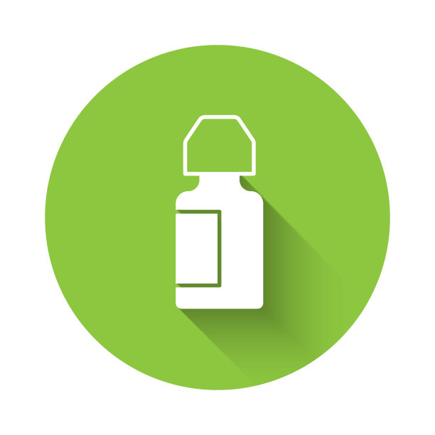 白色滴眼液瓶图标孤立的长阴影。绿色圆形按钮。向量图片下载