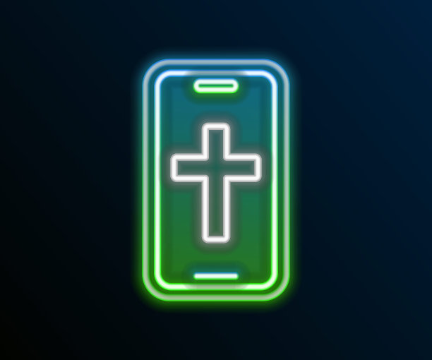 发光的霓虹灯线基督教十字架上的手机图标孤立的黑色背景。教堂的十字架。色彩缤纷的轮廓概念。向量图片下载