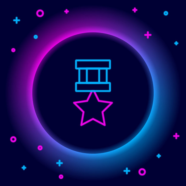 发光霓虹灯线条：军功奖章图标，黑色背景。军队标志概念矢量素材图片下载