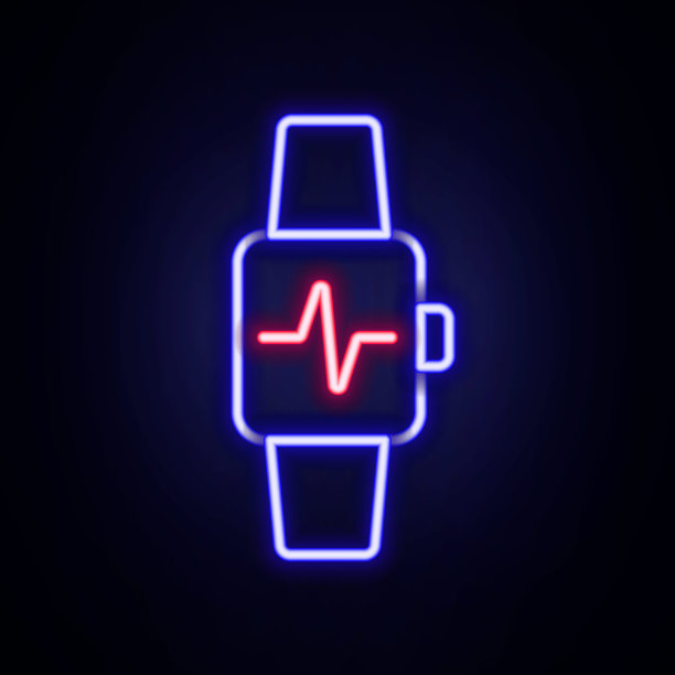 发光的霓虹灯线智能手表显示心率图标孤立的砖墙背景。健身App概念。色彩缤纷的轮廓概念。向量图片下载
