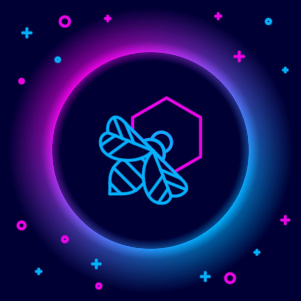 发光的霓虹灯线蜜蜂和蜂巢图标孤立的黑色背景。蜂蜜的细胞。有翅膀的蜜蜂或apis符号。飞行昆虫。甜的天然食品。色彩缤纷的轮廓概念。向量图片下载