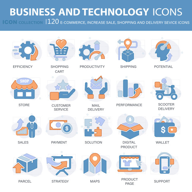 120电子商务，增加销售，网上购物和数字金融图标收集。平面矢量图图片下载