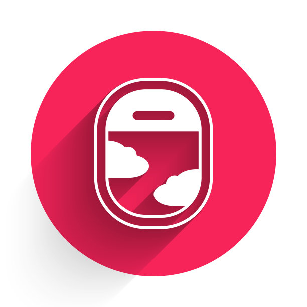 白色飞机窗口图标孤立的长阴影。飞机舷窗。红色圆圈按钮。向量图片下载