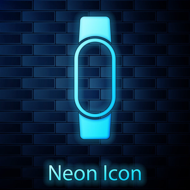 发光的霓虹灯智能手表图标孤立的砖墙背景。向量图片下载
