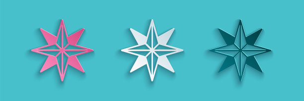 剪纸风玫瑰图标孤立的蓝色背景。旅行用的指南针图标。导航设计。纸艺风格。向量图片下载