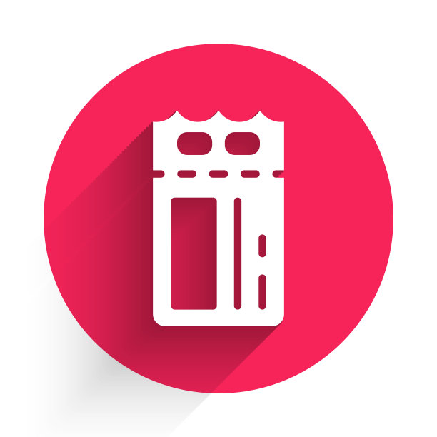 白色的电影票图标孤立着长长的影子。红色圆圈按钮。向量图片下载