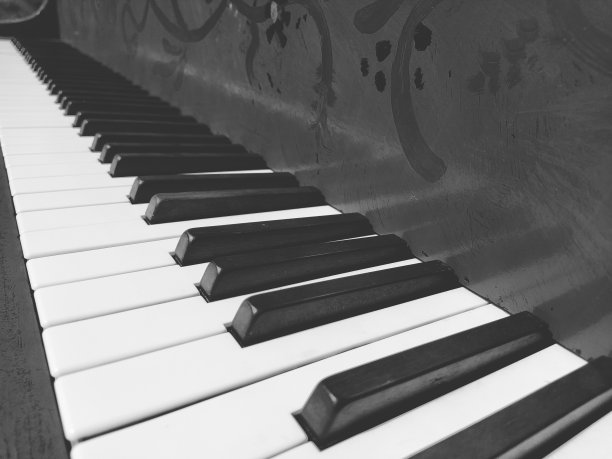 钢琴或钢琴是一种弦乐器和键盘乐器。八度是一个音程，其中声音之间的频率比是一比二。黑白单色图片下载