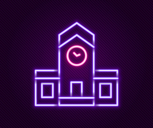 发光的霓虹灯线火车站图标孤立的黑色背景。色彩缤纷的轮廓概念。向量图片下载