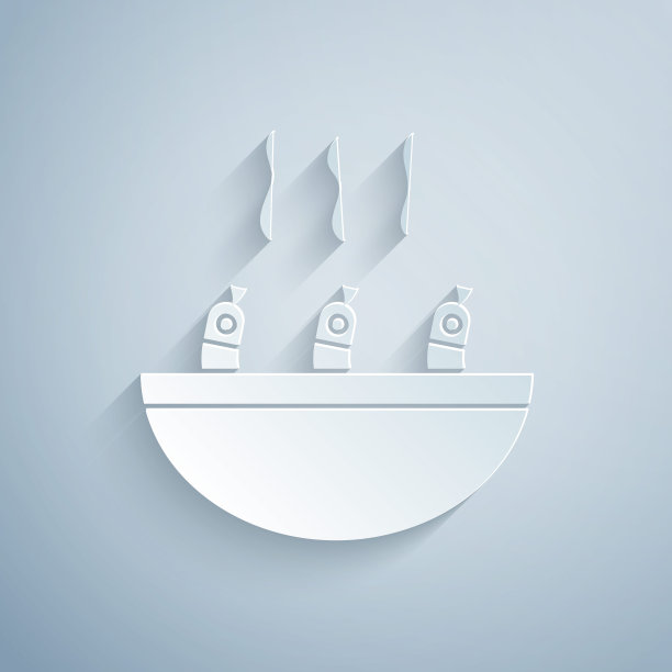 剪纸汤与虾图标孤立的灰色背景。冬阴功汤。纸艺风格。向量图片下载