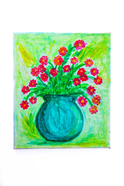 桌子上花瓶里的花油画画布上的画图片下载