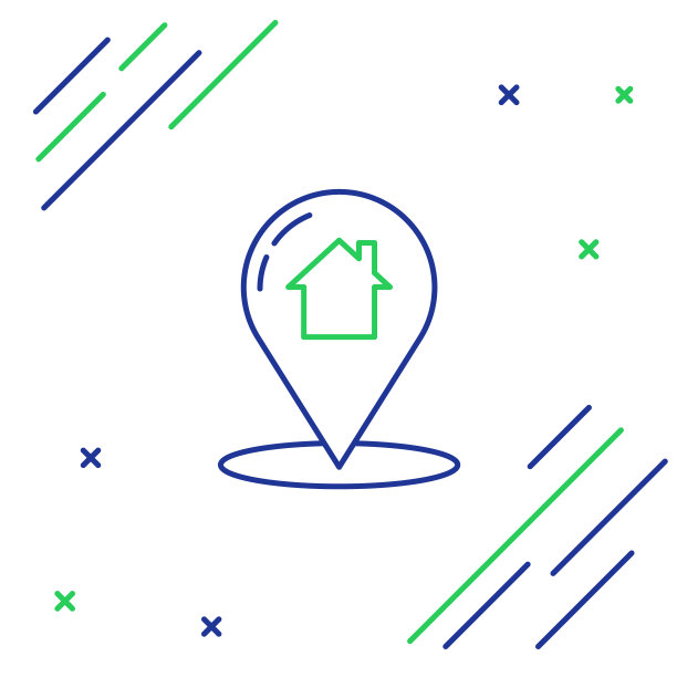 线形地图指针与房子图标隔离在白色背景上。起始位置标记符号。色彩斑斓的轮廓的概念。向量图片下载