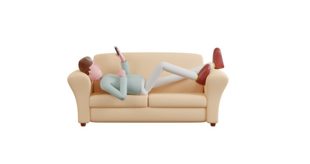 3d渲染快乐的人卡通使用智能手机在沙发上。图片下载