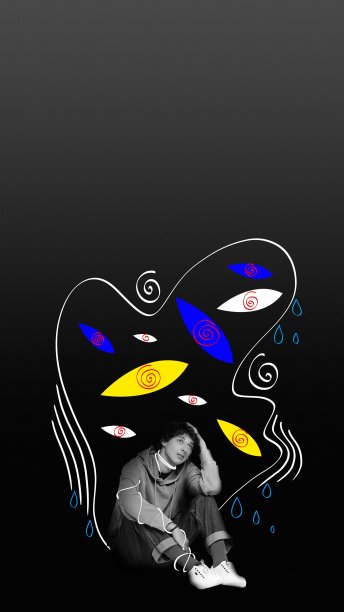 年轻人绝望地坐着，饱受恐惧和抑郁的折磨。当代艺术拼贴。图片下载