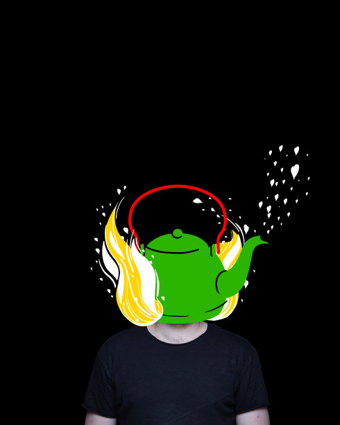 年轻人用烧着的水壶代替了脑袋。压力、抑郁、最后期限。当代艺术拼贴。图片下载