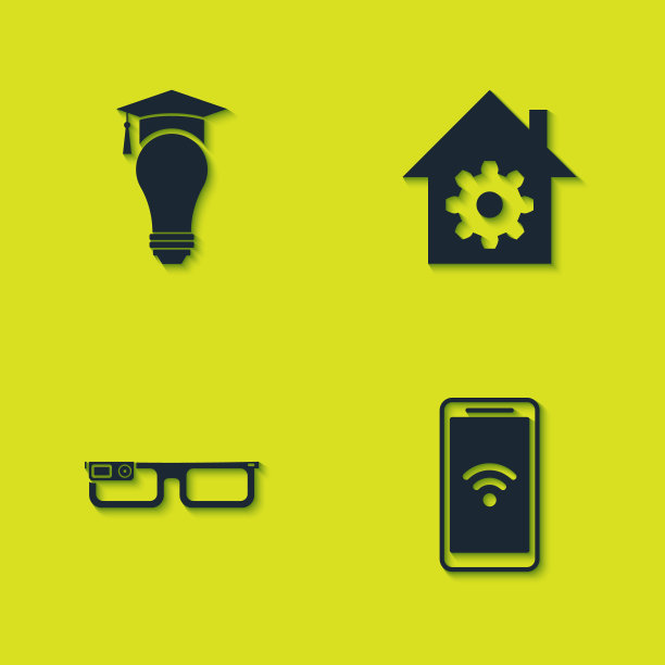 设置灯泡和毕业帽，移动wi-fi无线，智能眼镜和家庭设置图标。向量图片下载