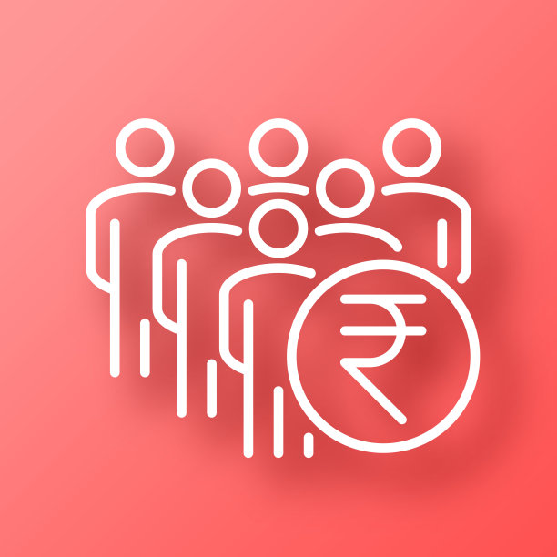 举着印度卢比标志的人群。图标在红色背景与阴影图片下载
