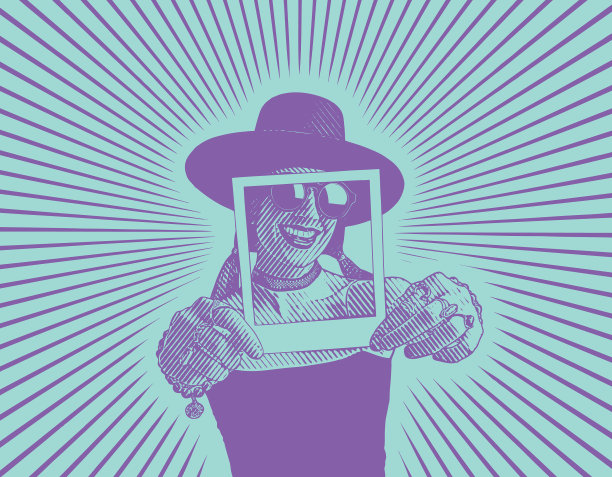 快乐的女人用即时照片装裱牙齿微笑图片下载