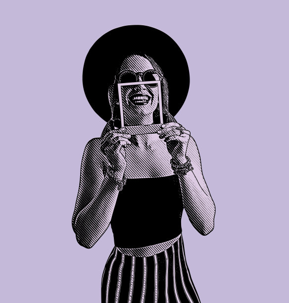 年轻女子与即时照片相框微笑图片下载