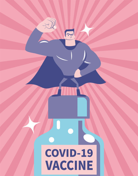 超级英雄站在疫苗瓶上，抵抗新冠病毒，产生100%抗体图片下载