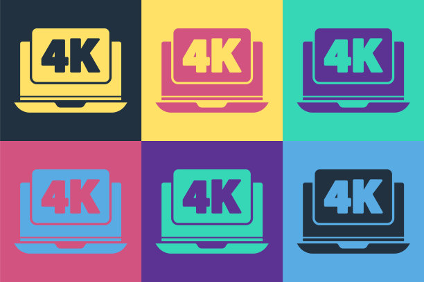 波普艺术笔记本电脑屏幕与4k视频技术图标隔离在彩色背景。矢量图图片下载