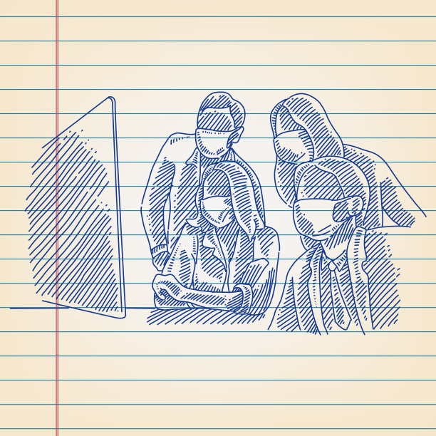 商人站着戴着面具在横格纸上画画图片下载