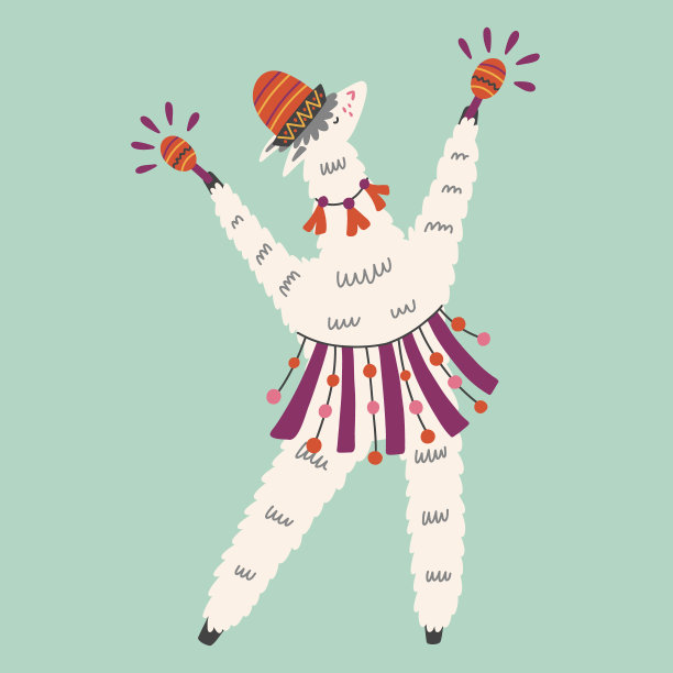 蓝色背景上跳舞的墨西哥毛茸茸的大羊驼图片下载