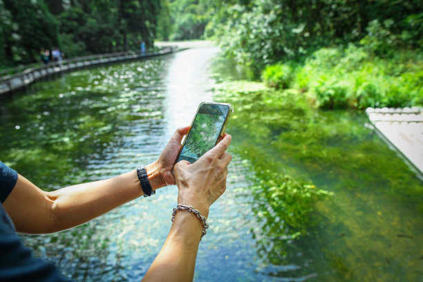 一位妇女用她的手机拍了一张小溪的照片图片下载