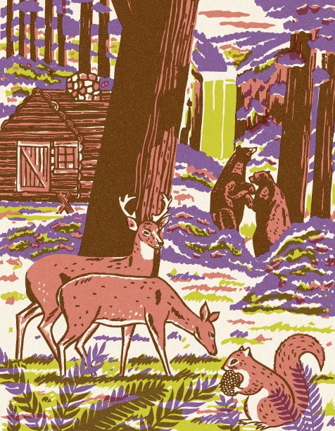 森林里的小屋，有动物和瀑布图片下载