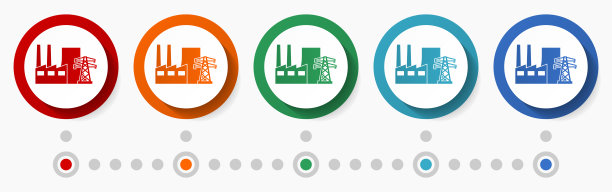 燃煤电站概念矢量图标集，信息图形模板，平面设计圆形彩色网页按钮5种颜色选项图片下载