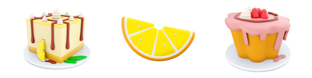 3d渲染纸杯蛋糕与草莓，柠檬蛋糕与巧克力，柠檬片图标集。3d渲染甜点概念图标集图片下载