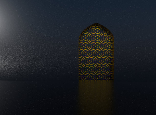 金色的阿拉伯装饰在黑色的墙壁与伊斯兰门。三维演示图片下载