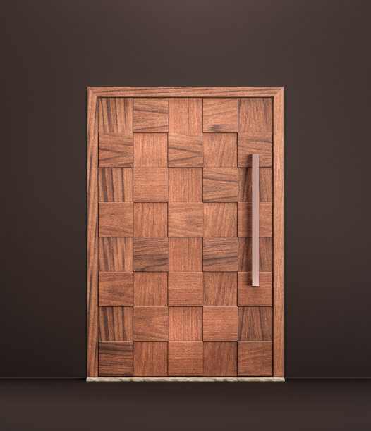 单扇门。房子的木制钢前门。从外面有一个单独的入口门。三维渲染图片下载
