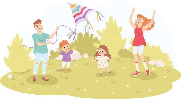 一家人和孩子们在绿色的草地上玩风筝图片下载