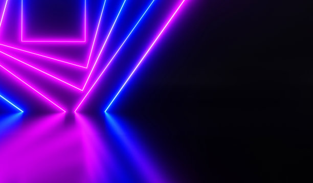 抽象的暗室与led灯照明3d渲染。夜总会舞台，现代艺术画廊室内设计用霓虹灯发光。未来的背景空间游戏，模拟横幅图片下载