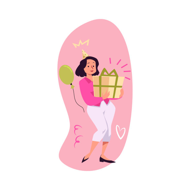 激动的女人拿着礼盒弓，节日惊喜，生日庆祝，奖品卡通矢量插图图片下载