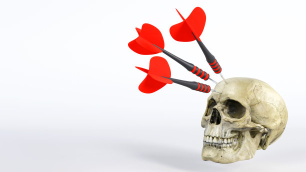 头部颅骨中的飞镖目标的3D渲染，不像预期的那样，不像预期的那样成功，概念失败图片下载